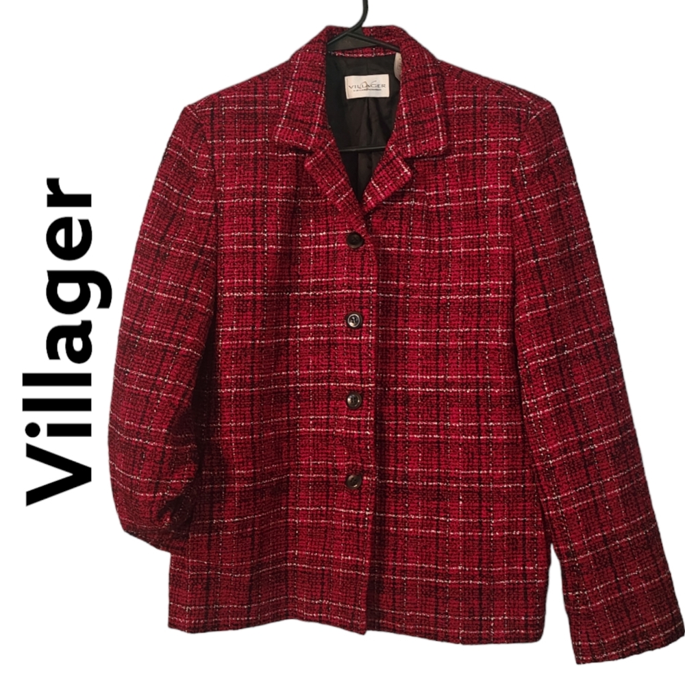 Villager by Liz Claiborne Womans Sz 10 Red Plaid Jacket